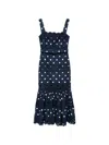 Self-portrait Belted Polka-dot Linen And Cotton-blend Midi Dress In Blue