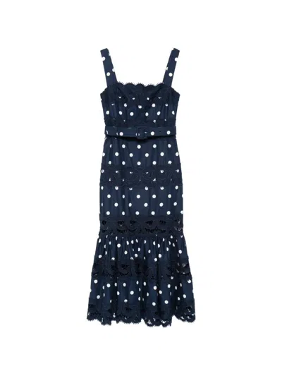 Self-portrait Polka Dot Linen Midi Dress In Blue