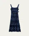 Self-portrait Belted Polka-dot Linen And Cotton-blend Midi Dress In Blue