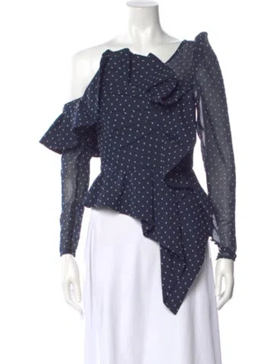 Pre-owned Self-portrait Polka Dot Print One-shoulder Blouse In Blue
