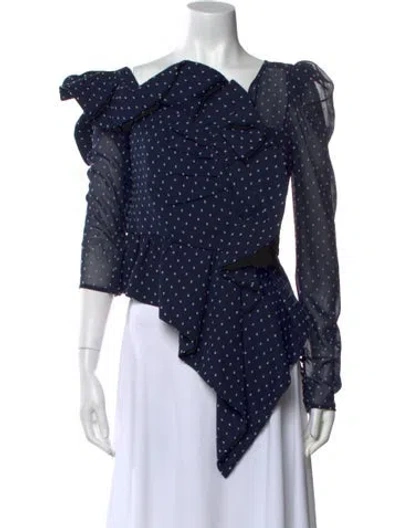 Pre-owned Self-portrait Polka Dot Print One-shoulder Blouse W/ Tags In Blue