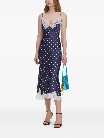 Self-portrait Womens Navy Lace-trim Polka-dot Satin Midi Dress In Blue