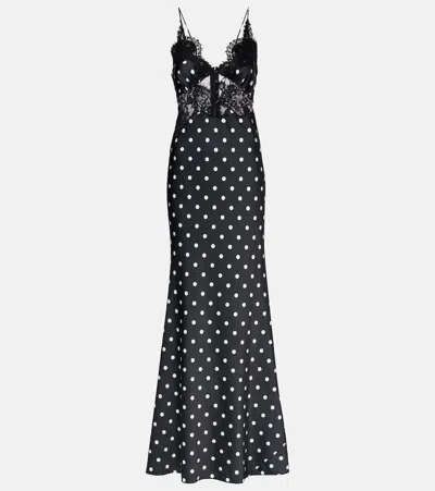 Self-portrait Polka-dot Lace-trimmed Satin Gown In Black