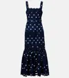 Self-portrait Belted Polka-dot Linen And Cotton-blend Midi Dress In Blue