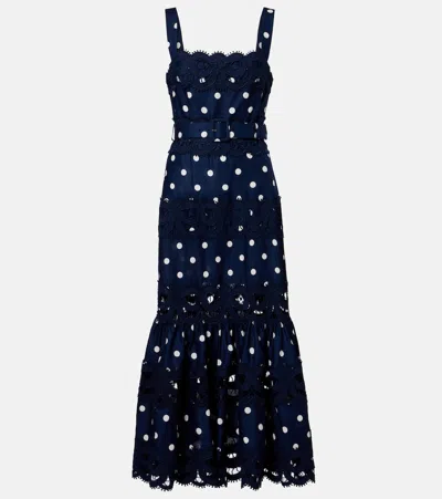 Self-portrait Belted Polka-dot Linen And Cotton-blend Midi Dress In Blue
