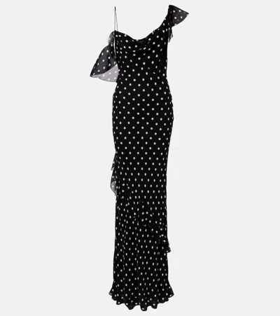 Self-portrait One-shoulder Asymmetric Ruffled Polka-dot Georgette Maxi Dress In Black