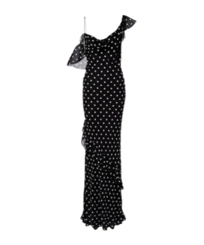 Self-portrait Long Dress Black Polka Dot With V-neck In Black Georgette For Women