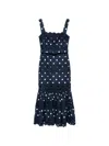 Self-portrait Belted Polka-dot Linen And Cotton-blend Midi Dress In Blue