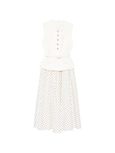 Self-portrait Polyester Cotton Boucle Polka Dot Midi Dress In White