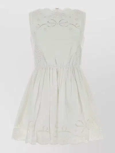 Self-portrait Poplin Mini Dress Embroidered Waist Scalloped Hem In Green