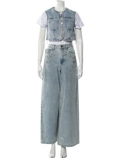 Pre-owned Self-portrait Printed Crystal Embellishments Pant Set W/ Tags In Blue