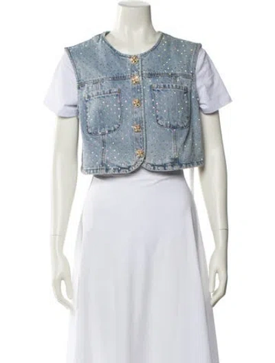 Pre-owned Self-portrait Printed Denim Jacket W/ Tags In Blue