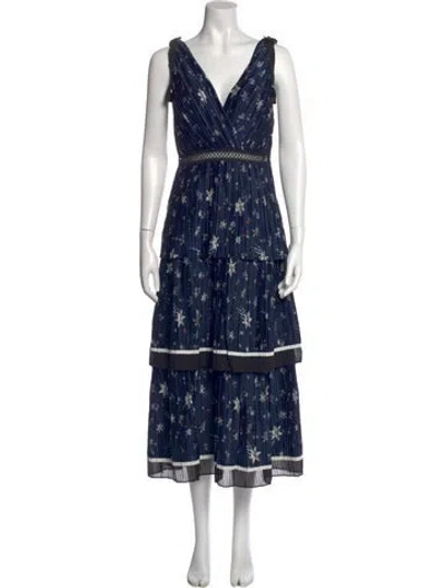 Pre-owned Self-portrait Printed Long Dress In Blue
