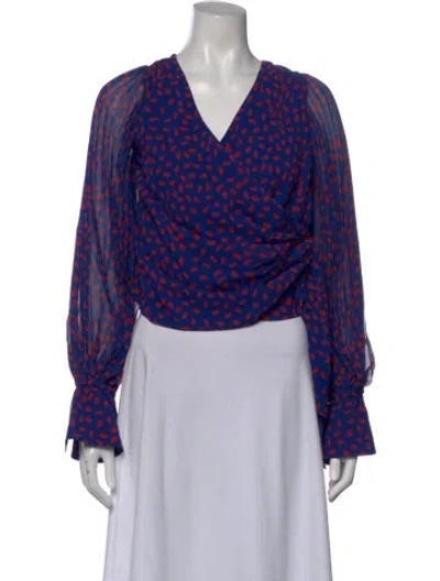 Pre-owned Self-portrait Printed V-neck Blouse In Blue