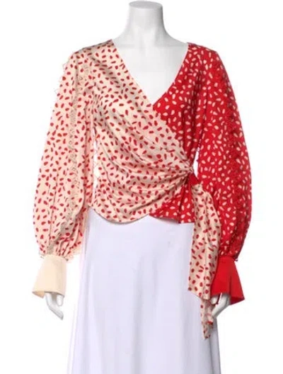 Pre-owned Self-portrait Printed V-neck Blouse In Red