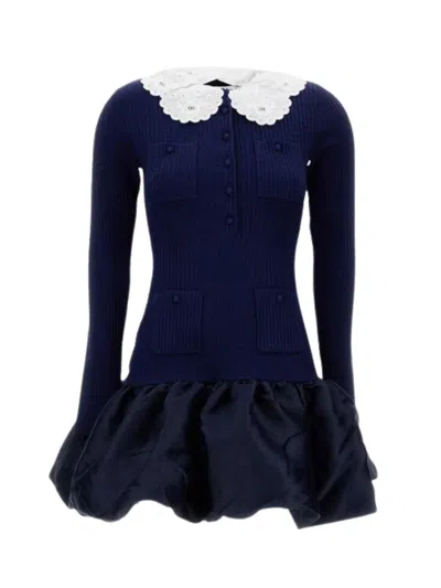 Self-portrait Puffed Skirt Mini Dress With Button Front Fastening In Navy