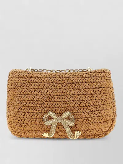 Self-portrait Raffia Bow Chain Clutch Shoulder Bag In Orange