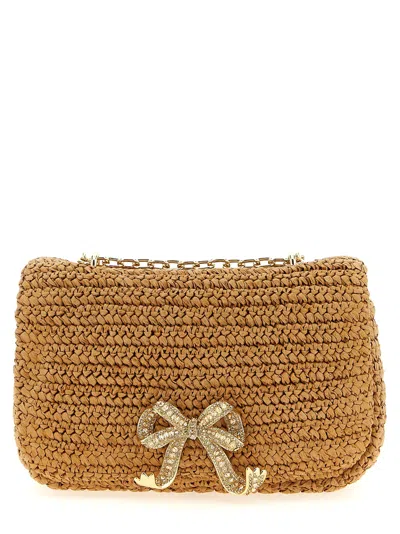 Self-portrait 'raffia Bow Charm' Shoulder Bag In Neutral