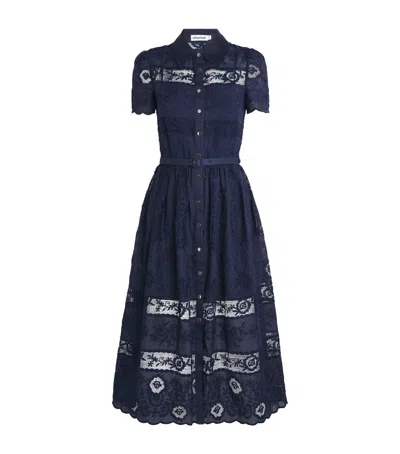 Self-portrait Ramie Embroidered Midi Shirt Dress In Blue