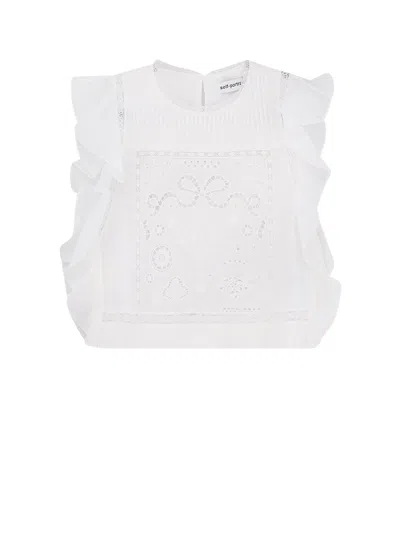 Self-portrait Ramie Top With Lace Inserts In White