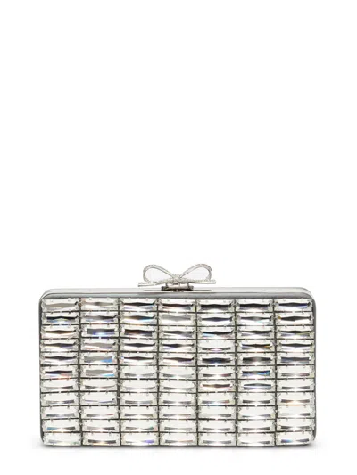 Self-portrait Rectangular Grey Satin Crystal Clutch Bag In Silver