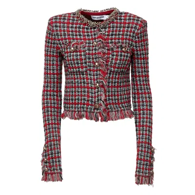 Self-portrait Red Check Frayed Knit Beaded Jacket In Multi