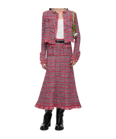 Self-portrait Red Check Frayed Knit Midi Skirt