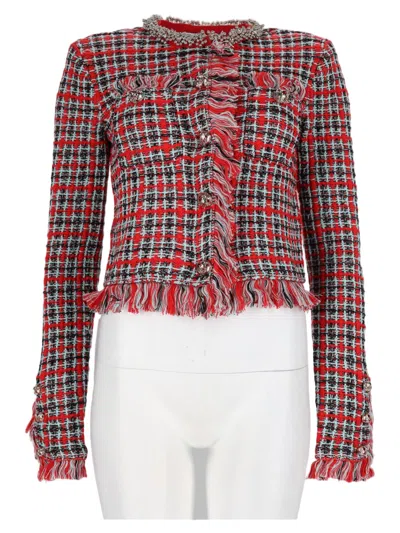 Self-portrait Red Checkered Fringed Cotton-blend Cropped Jacket In Multi
