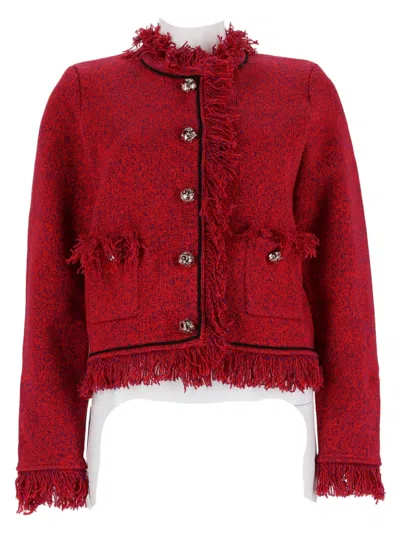 Self-portrait Red Cropped Fringed Trim Wool-blend Jacket