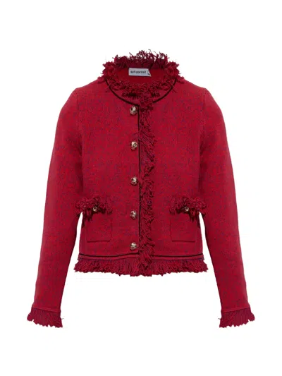 Self-portrait Cropped Frayed Wool And Cotton-blend Knitted Jacket In Red