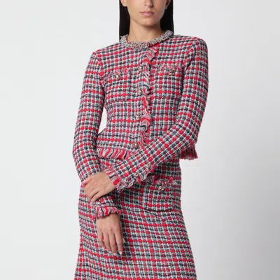 Self-portrait Red Fringed Checked Knit Jacket In Multi