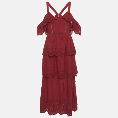 Pre-owned Self-portrait Red Lace Tiered Off-shoulder Midi Dress M