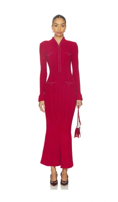Self-portrait Button-embellished Ribbed-knit Midi Dress In Burgundy