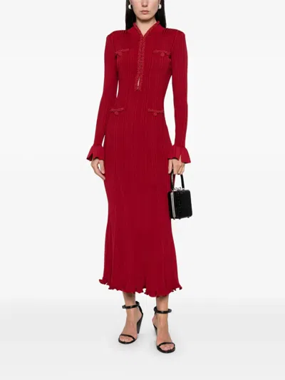 Self-portrait Pearl Trim Knit Midi Dress In Red