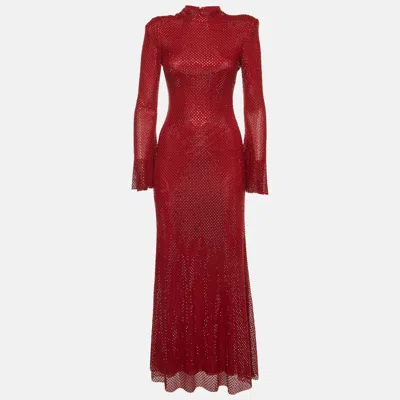 Pre-owned Self-portrait Red Rhinestone Embellished Synthetic Fishnet Maxi Dress S