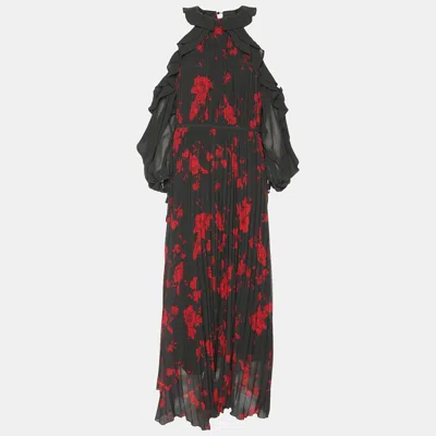 Self-portrait Red/khaki Rose Print Polyester Maxi Dress In Multi