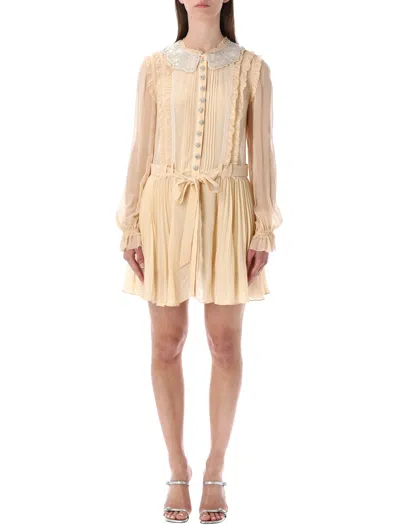 Self-portrait Refined Feminine Mini Dress With Embellished Neckline And Removable Belt In Tan Beige