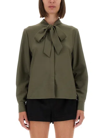 Self-portrait Regular Fit Twill Shirt With Bow In Green