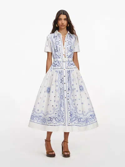 Self-portrait Womens White And Blue Belted Embroidered Cotton Midi Dress