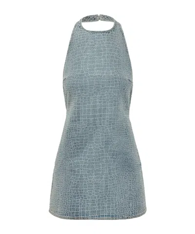 Self-portrait Rhinestone Croc Effect Denim Mini Dress In Blue