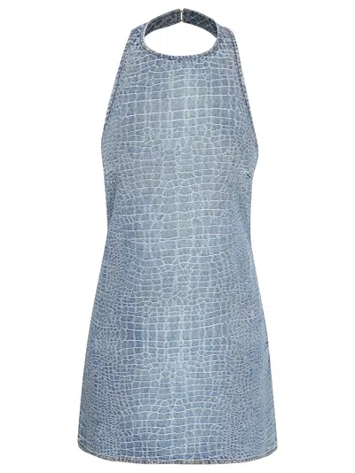 Self-portrait Rhinestone Croc Effect Denim Mini Dress In Blue