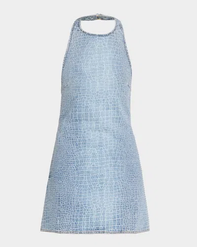Self-portrait Rhinestone Croc-effect Denim Mini Dress In Blue