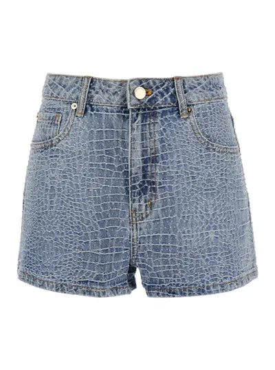 Self-portrait Rhinestone Croc-effect Denim Shorts With High Waist In Blue