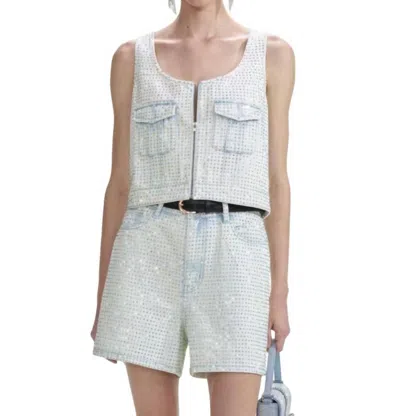 Self-portrait Rhinestone Denim Cargo Top In Light Blue