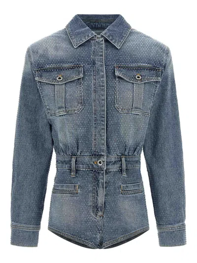 Self-portrait Rhinestone Denim Jumpsuit In Blue