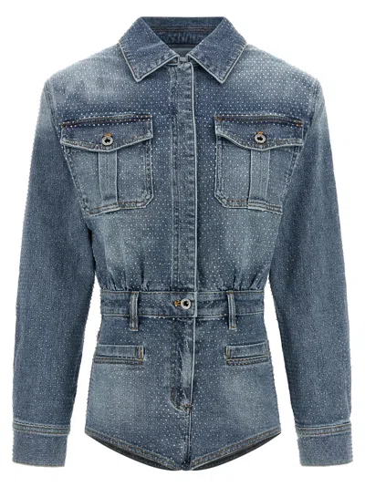 Self-portrait Rhinestone Denim Jumpsuit In Blue