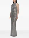 Self-portrait Embellished Draped Mesh Halterneck Maxi Dress In Gray