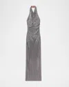 Self-portrait Embellished Draped Mesh Halterneck Maxi Dress In Gray