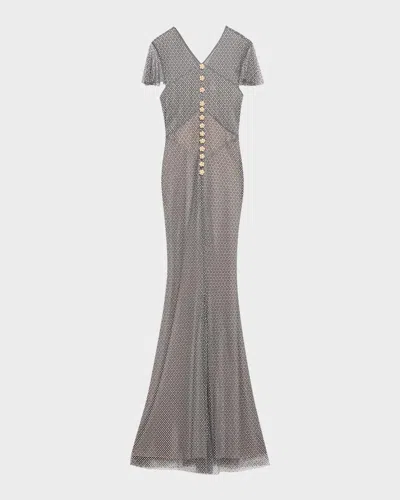 Self-portrait Rhinestone Fishnet Maxi Dress In Gray