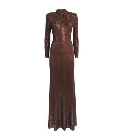 Self-portrait Rhinestone High-neck Maxi Dress In Brown